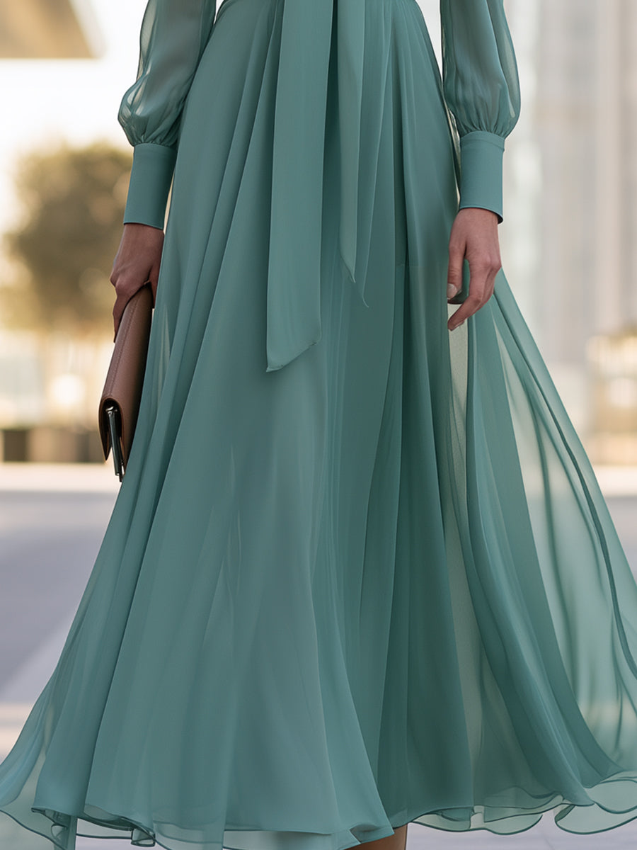 Chiffon Bow-Neck Long-Sleeve Maxi Dress