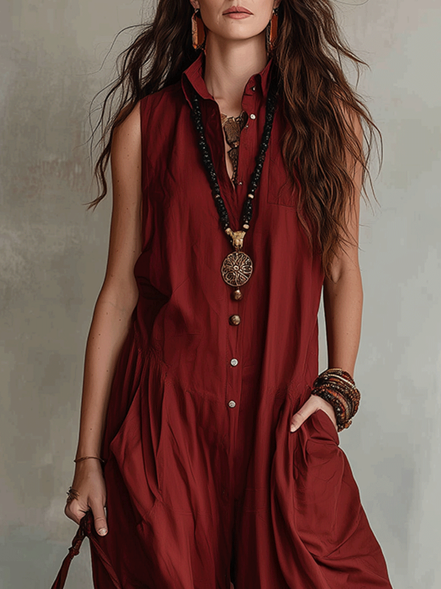 Effortless Boho Sleeveless Wide-Leg Brick Red Jumpsuit