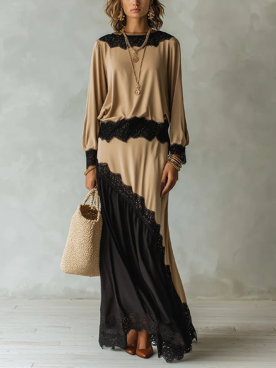 Elegant Beige Colorblock Lace Skirt Set