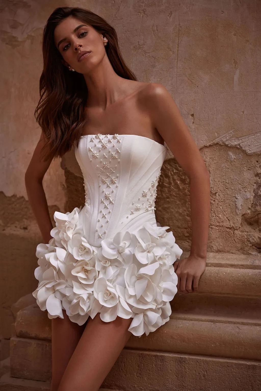 Bandeau applique floral bridal skinny  wedding mini dress