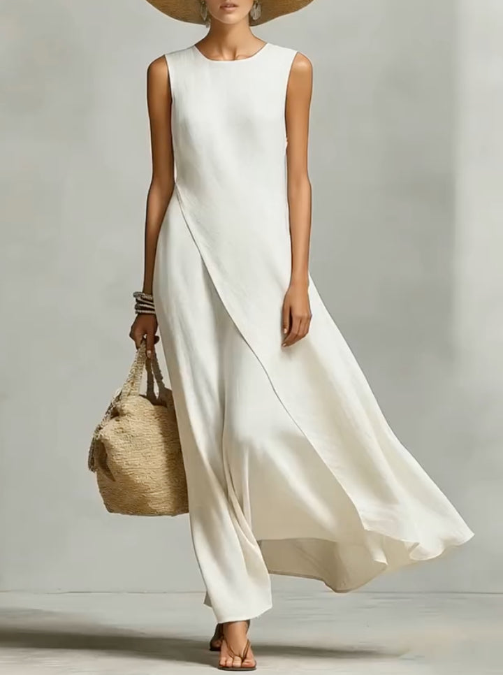 White Linen-Blend Maxi Dress