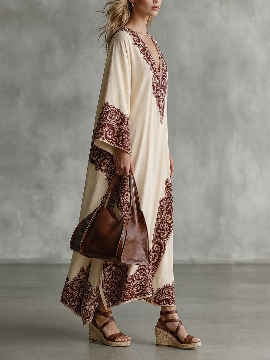 Mediterranean Luxe Paisley Border Caftan Midi Dress