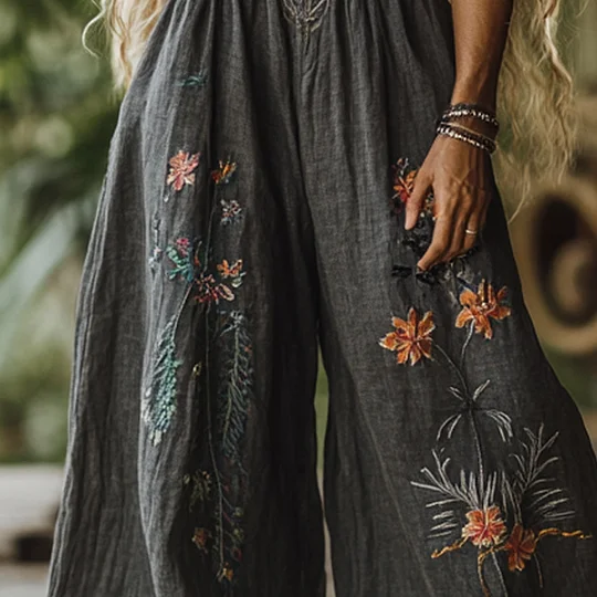 Vintage Bohemian Resort Floral Art Printed Cotton Linen Wide Leg Pants