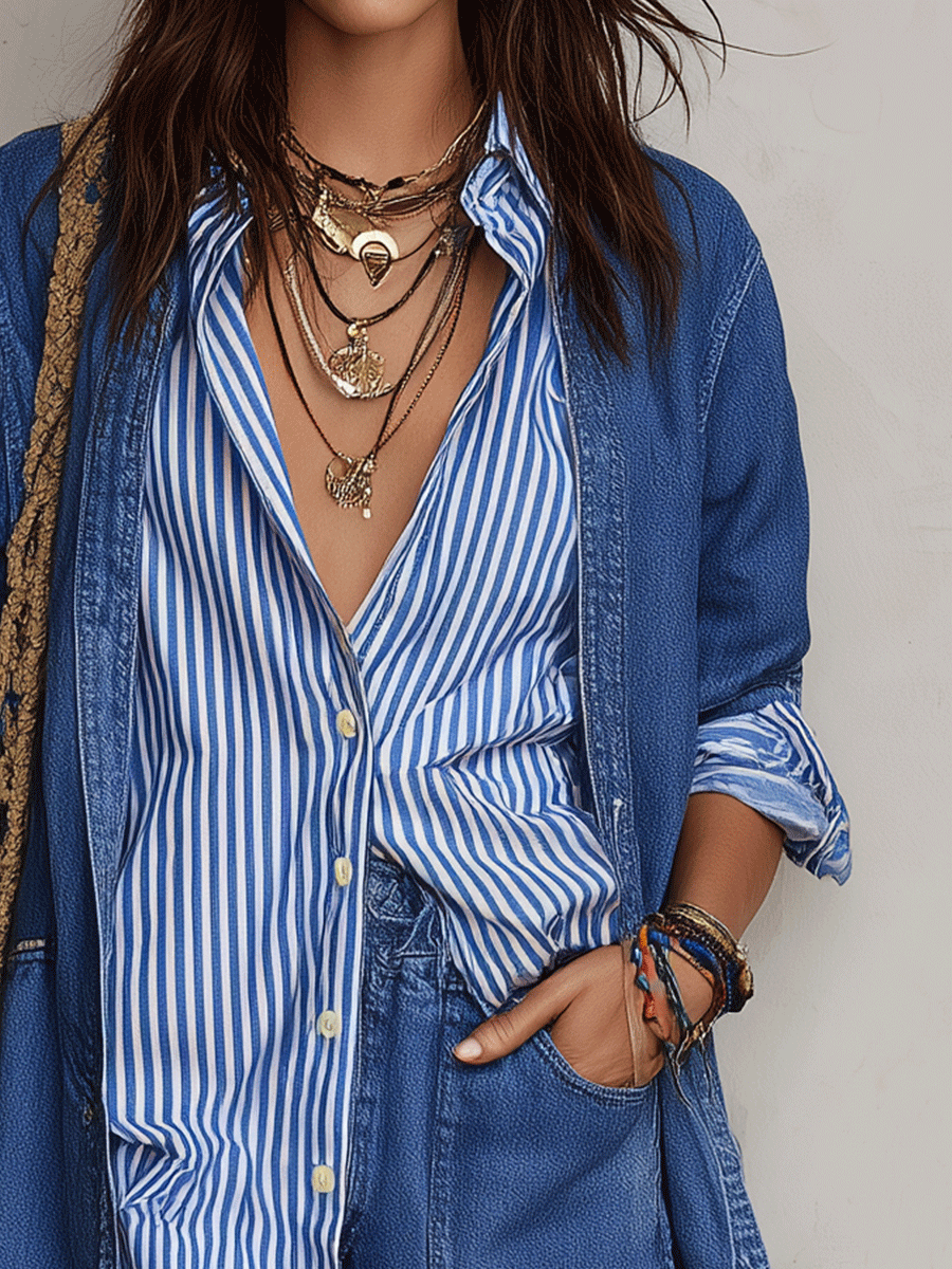 Chic Cotton Denim Oversized Blue Shirt Jacket