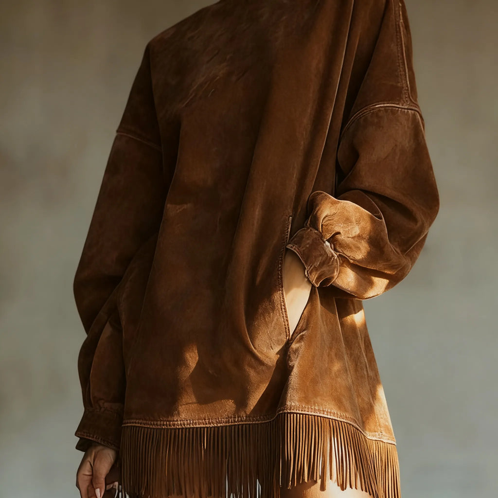 Women's Autumn And Winter Western Retro Suede Fabric Loose Casual Stand Collar Tassel Dress