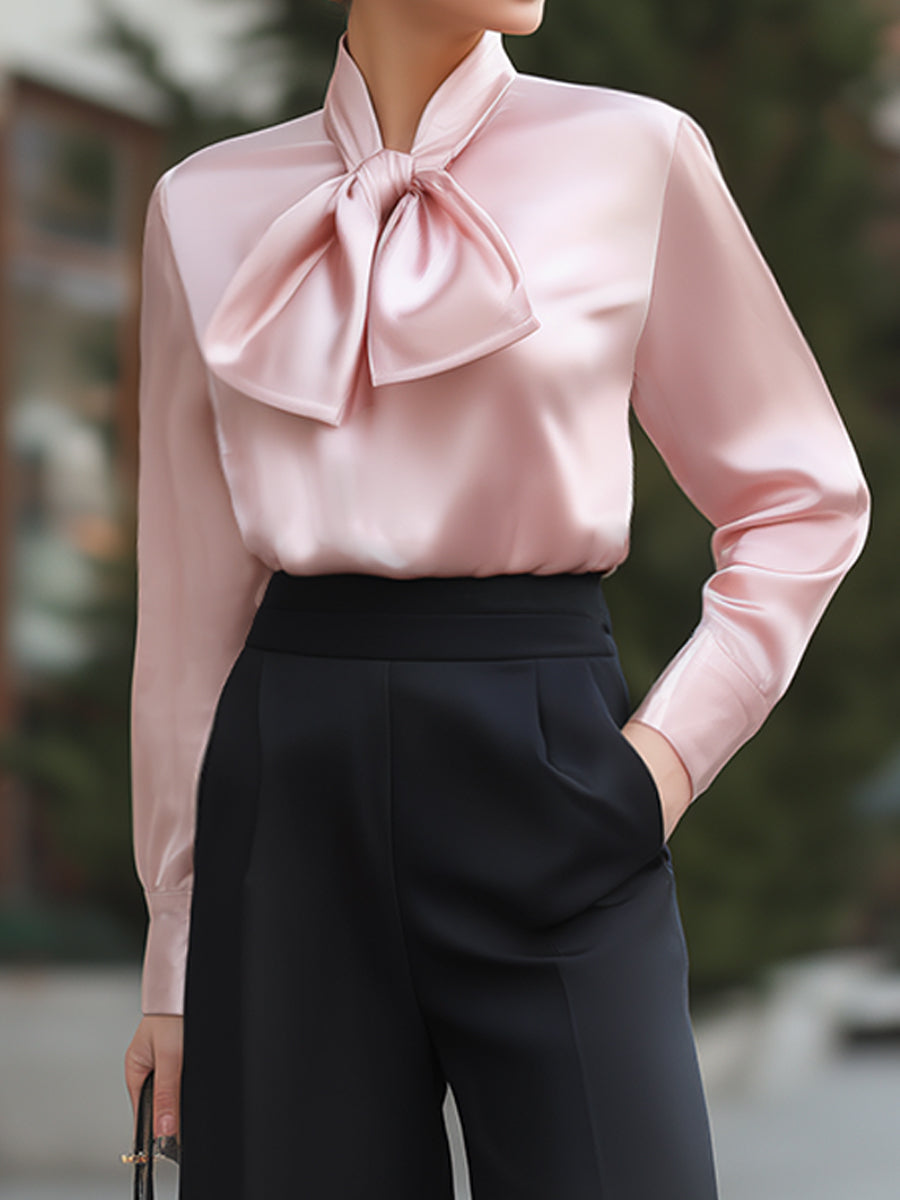 Bow-Neck Satin Blouse And Wide-Leg Trousers Set