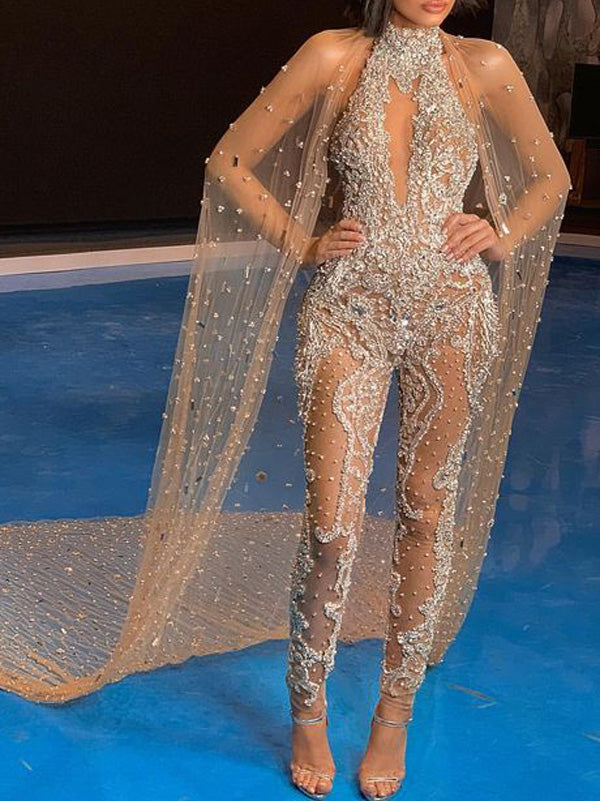 Sexy Slim Beaded Decorate Hollow See-Through Fashion Evening Jumpsuit