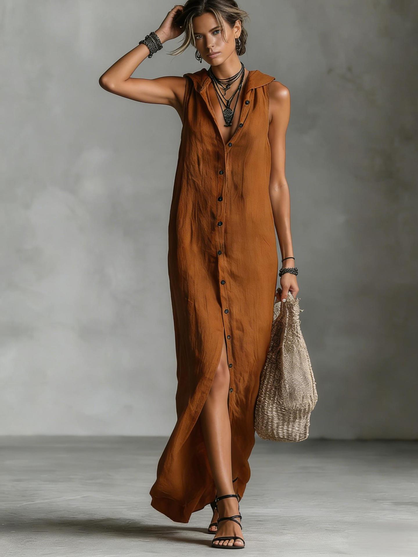 Bohemian Hooded Maxi Shirt Dress - Sleeveless High-Slit Button-Down Summer Vacation Long Dress
