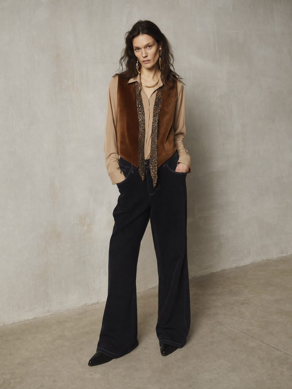 Refined Camel Suede Leopard Accent Two-Piece Set