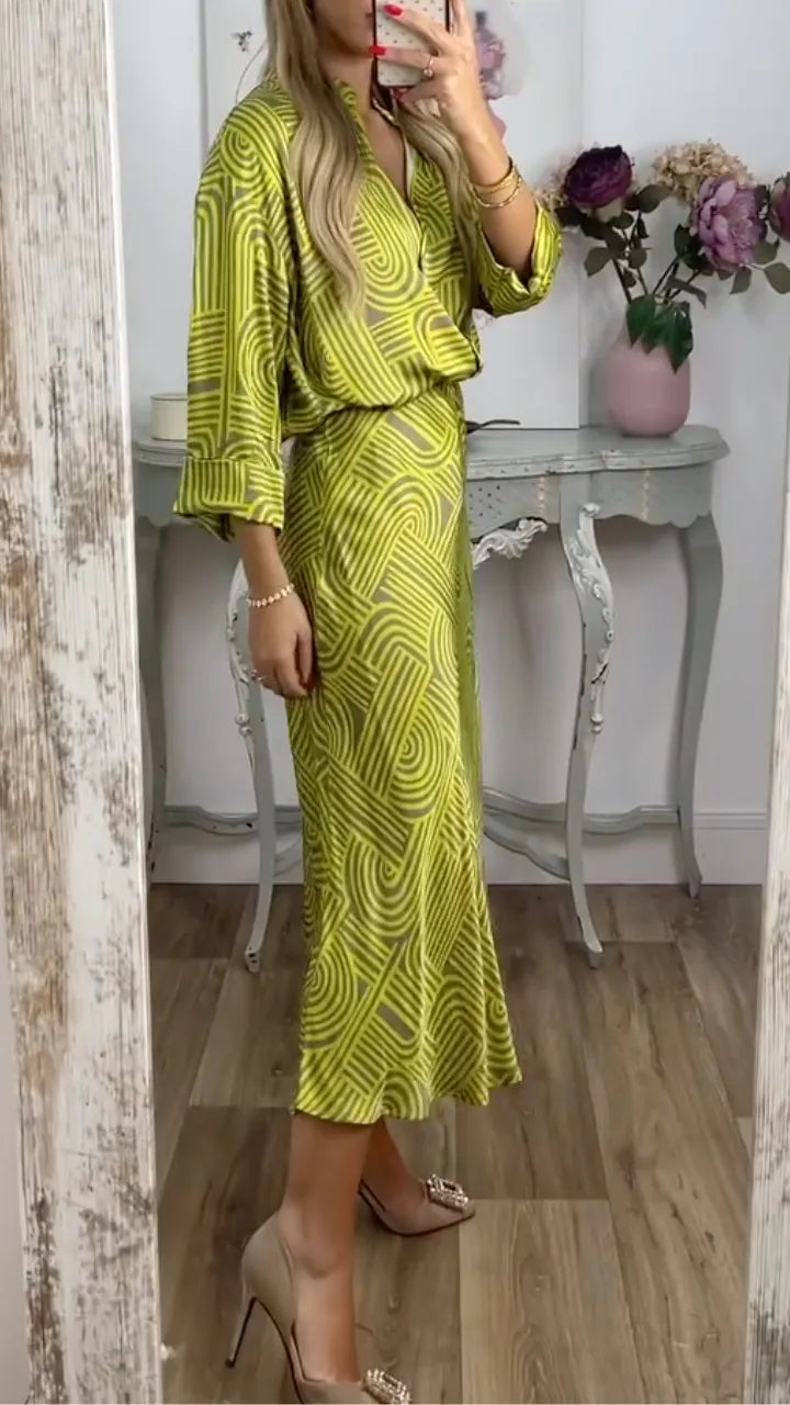 Geometric Print Shirt & Midi Skirt Co‑Ord Set