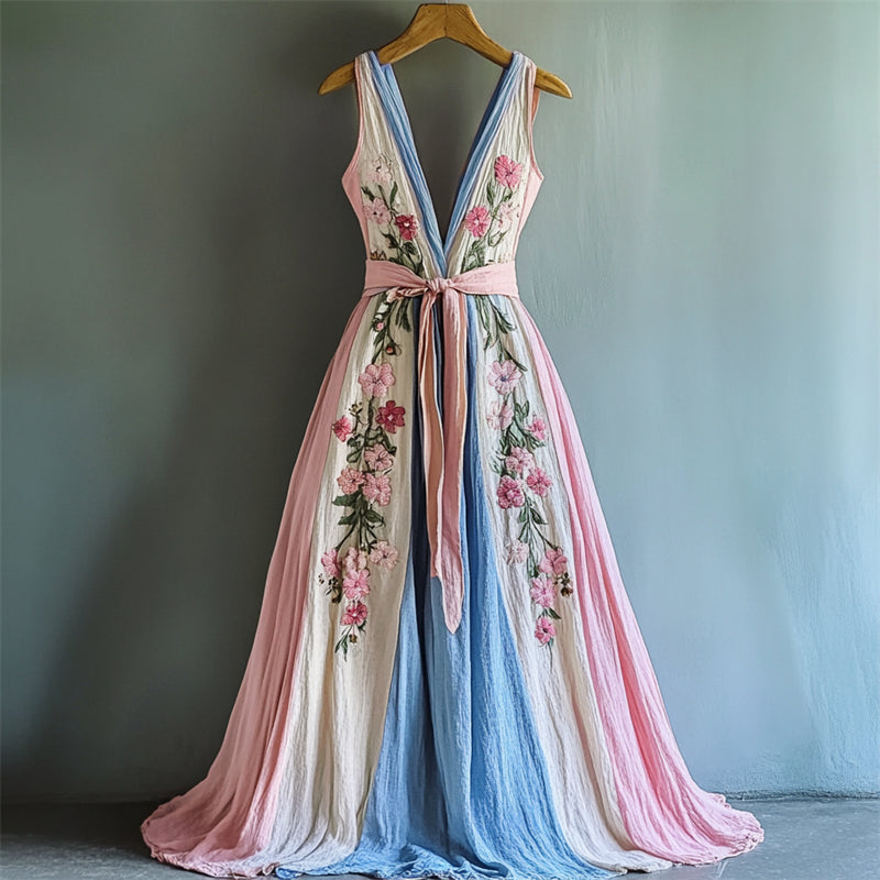Floral Embroidered Transgender Colorblock Linen Maxi Dress