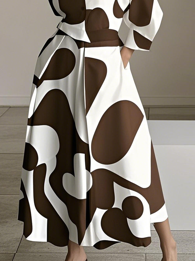 Urban Color Block Printing Shirt Collar Midi Dress With Belt