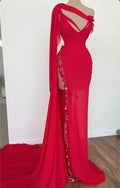 Red One Shoulder Floral Drape Evening Maxi Dress - Heart Tassel High Slit Chiffon Mermaid Train Formal Gown
