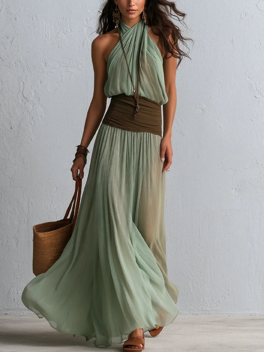 Minimalist Sage Green Halter Neck Ruched Waist Maxi Dress