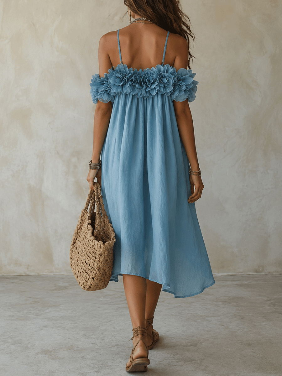 Romantic Coastal Linen Ruffle-Flower Halter Sky Blue Flowy Midi Dress