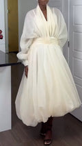 White Puff Sleeve Organza V Neck Belted Midi Balloon Dress