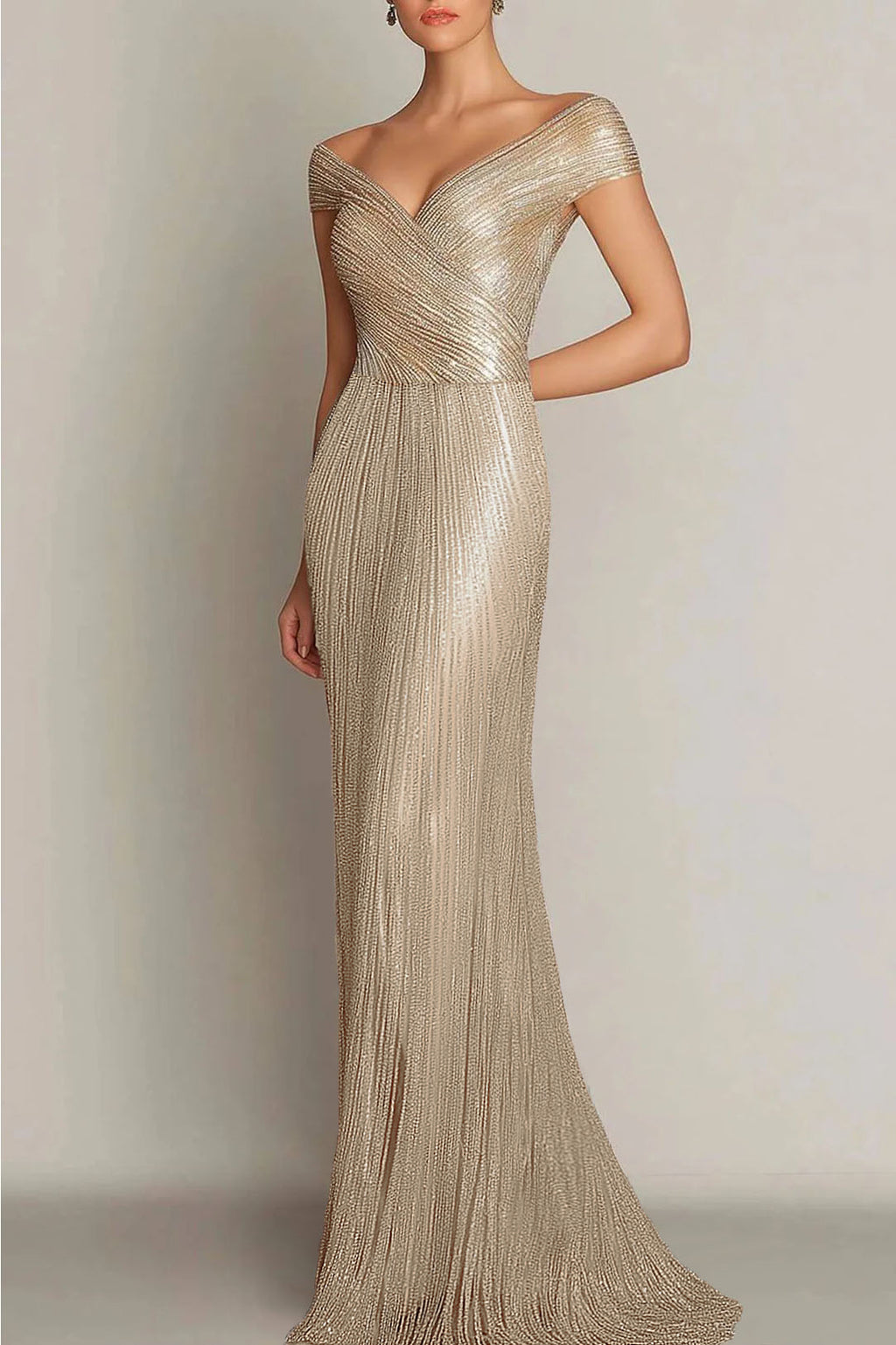 Evening Formal Dress Gold Sequin Off-The-Shoulder Maxi Gown
