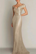 Evening Formal Dress Gold Sequin Off-The-Shoulder Maxi Gown