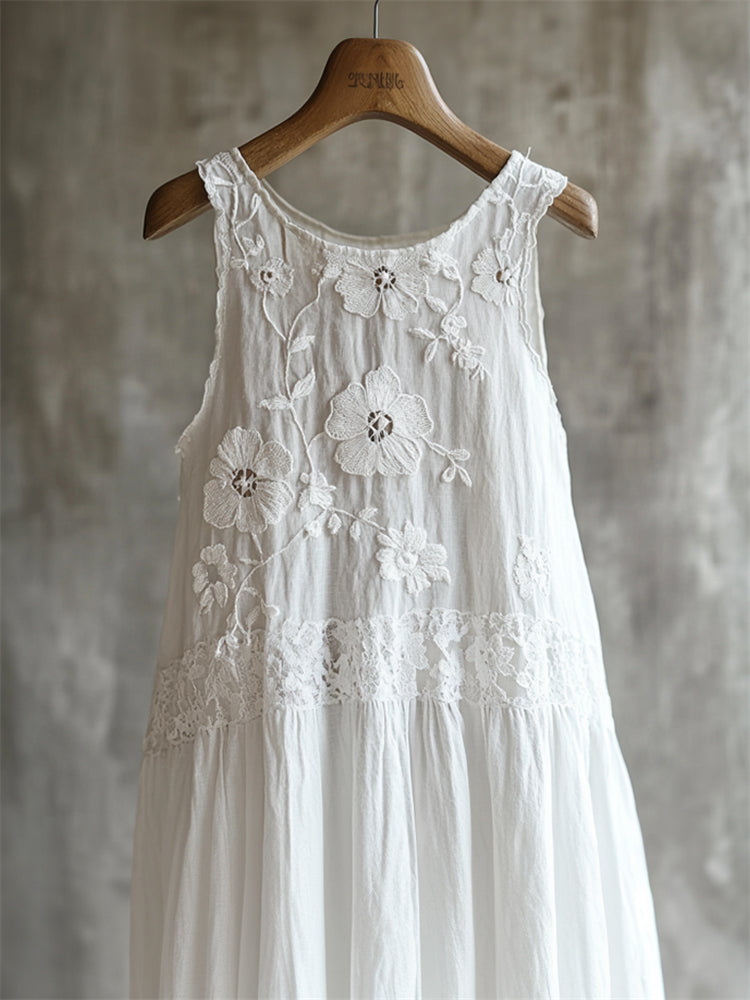 Classy Flowers Embroidered Lace Linen Tank Dress