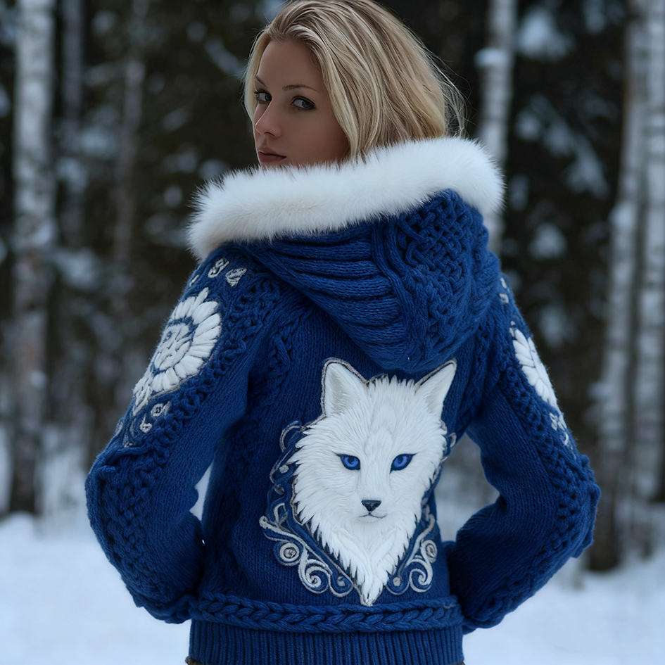 Viking Retro Style Cat Embroidery Pattern Women's Knit Hooded Sweater Jacket