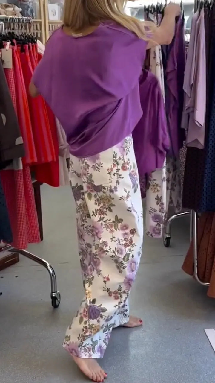 V‑Neck Dolman Sleeve Top & Floral Print Wide Leg Pants  Set