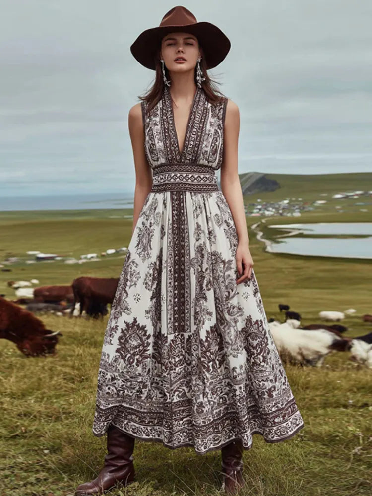 Women's Vintage Western Paisley Print Tank Midi Dress