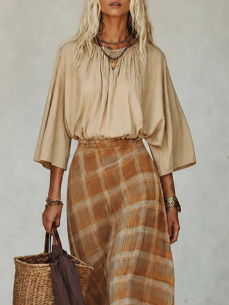 Earthy Boho Cape Sleeve Top & Plaid Midi Skirt Set