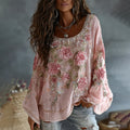 Women's Floral Embroidered Art Print Flowy Linen Blend Casual Tops