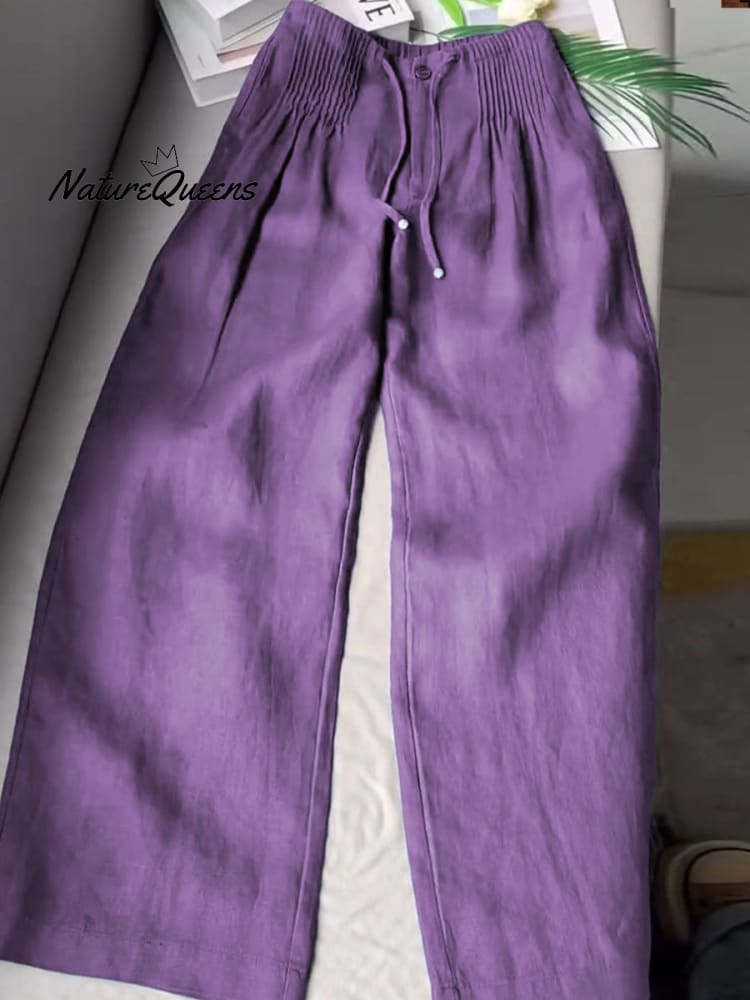 ?Limited time promotion Women's Solid Color Pleated Drawstring Casual Cotton and Linen Wide Leg Pants