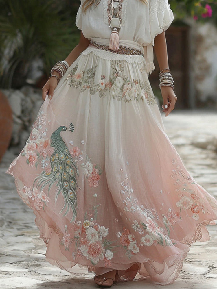 Women's Retro Elegant Peacock Floral Linen Blend Casual Midi Skirt