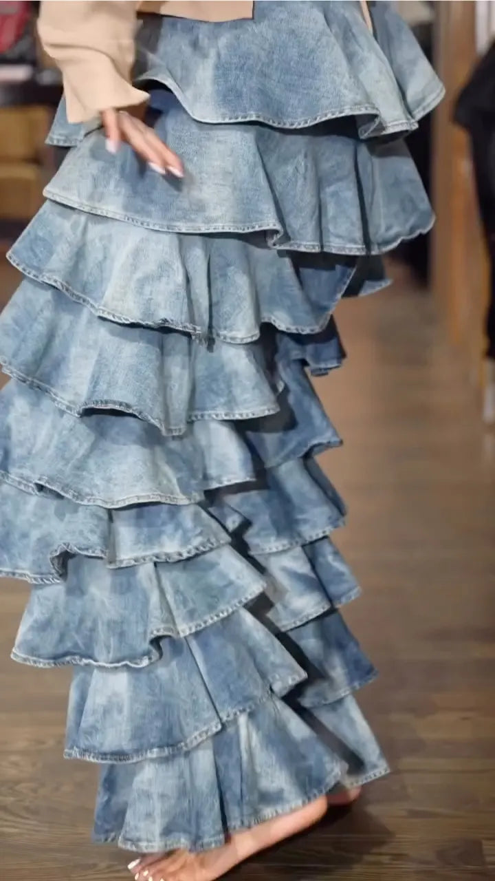 Light Blue Tiered Ruffle Denim Wide Leg Pants
