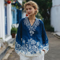 Women's Floral Pattern Linen V-neck T-shirt