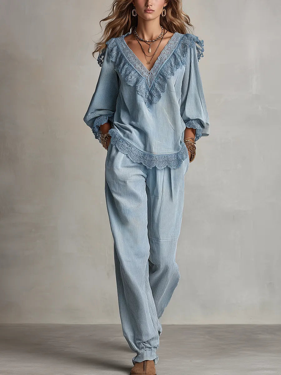 Bohemian Blue Lace Corduroy Suit