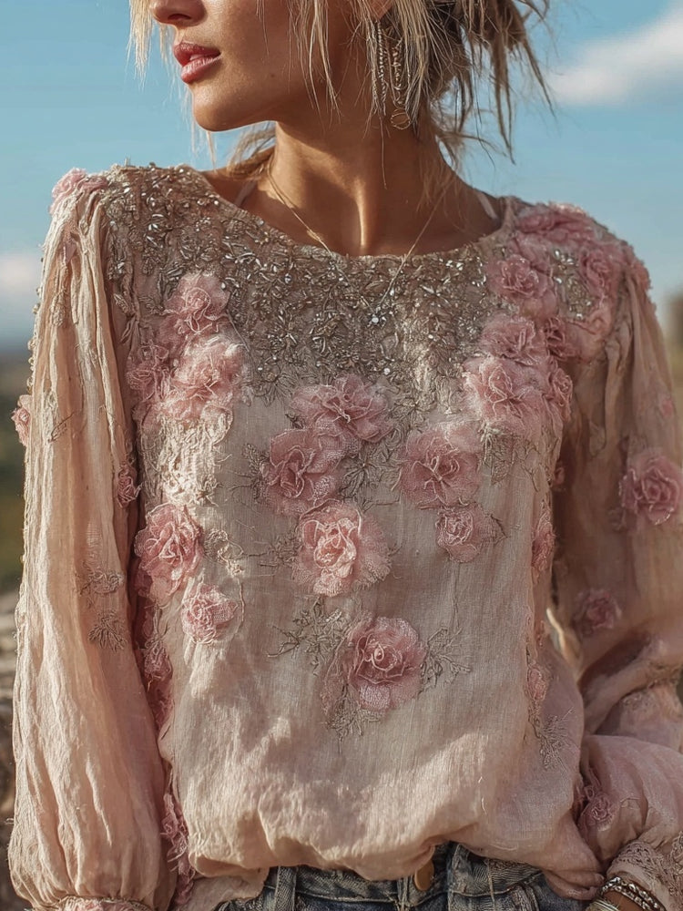 Vintage Boho Pink Roses Embroidered Cozy Linen Tunic