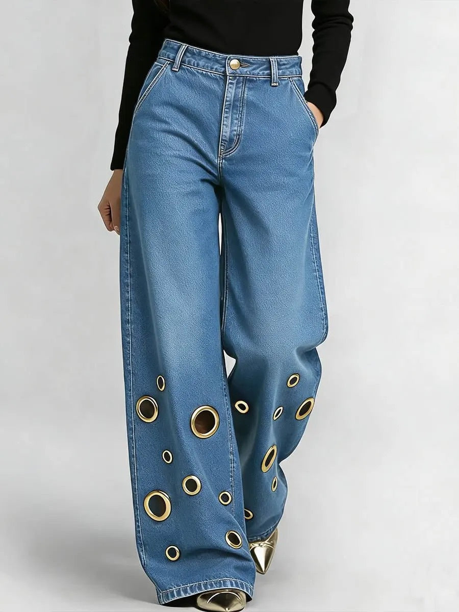 Women's Trendy High-Waist Wide-Leg Jeans - Retro Grommet Eyelet Streetwear Denim Pants