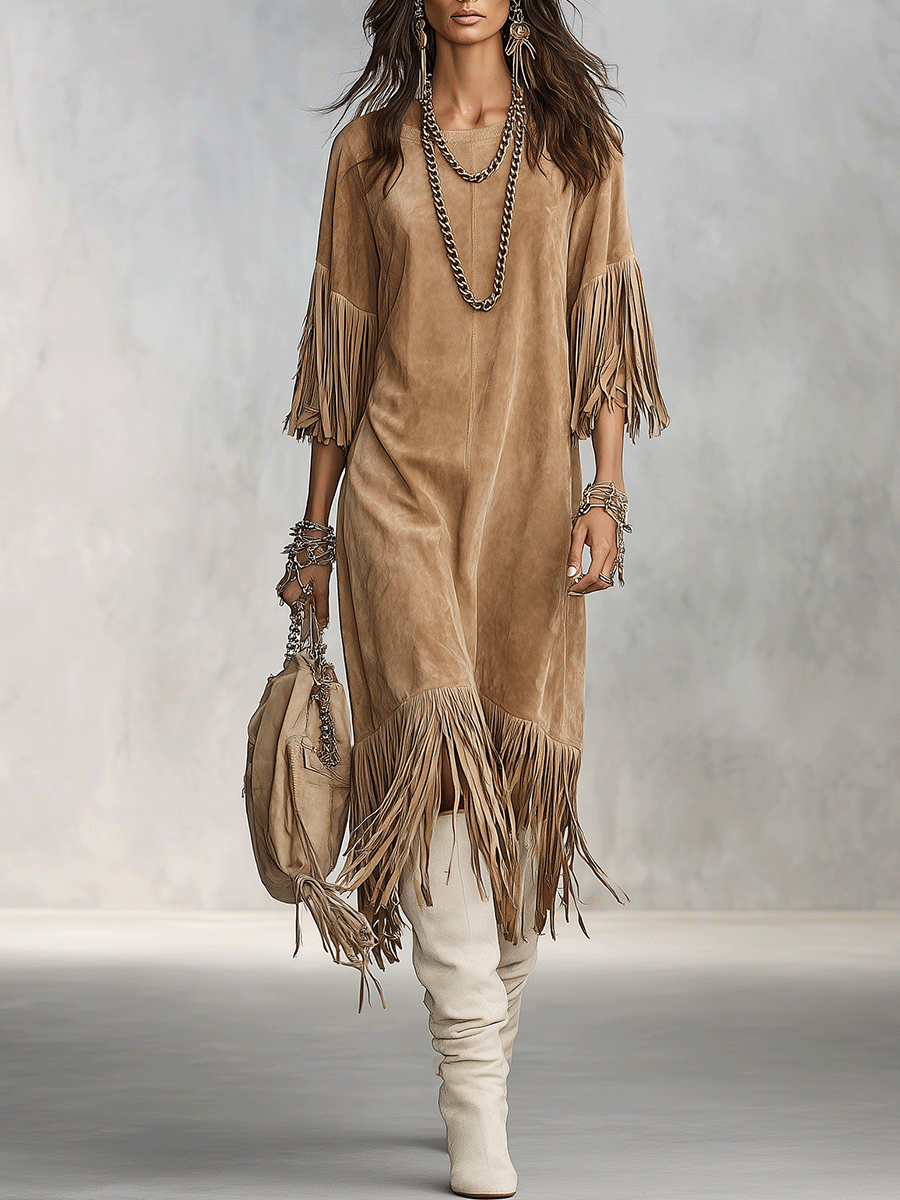 Vintage Faux Suede Oversized Sand Fringe Shift Midi Dress