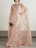 Round Neck Sequined Solid Color Maxi Dress