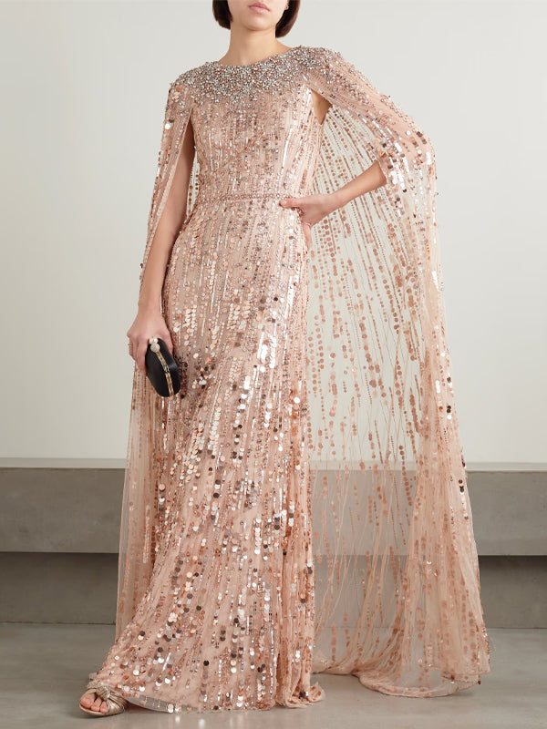 Round Neck Sequined Solid Color Maxi Dress