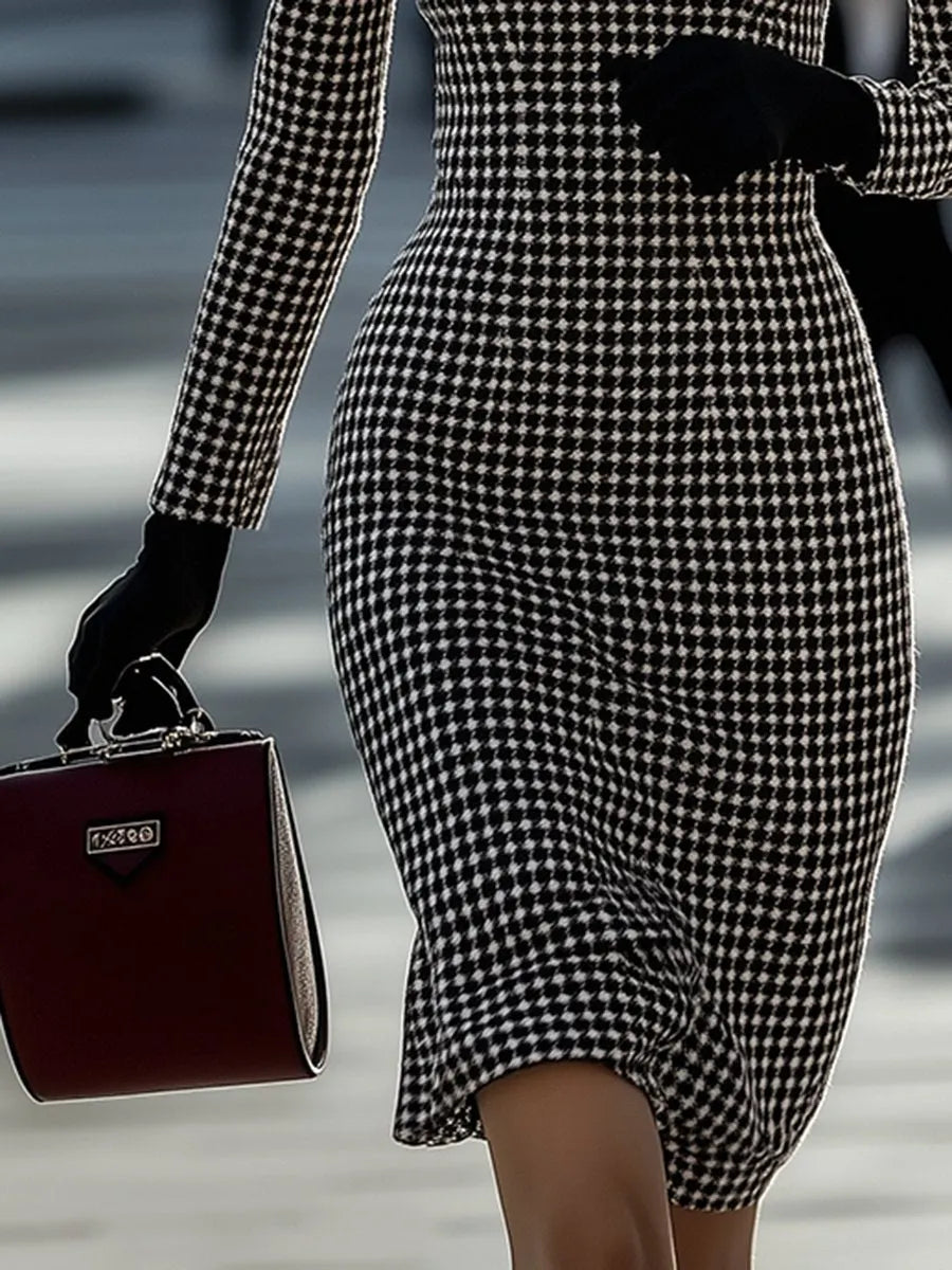 [24-hour shipping out]Retro Elegant High-End Round Neck Houndstooth Dress