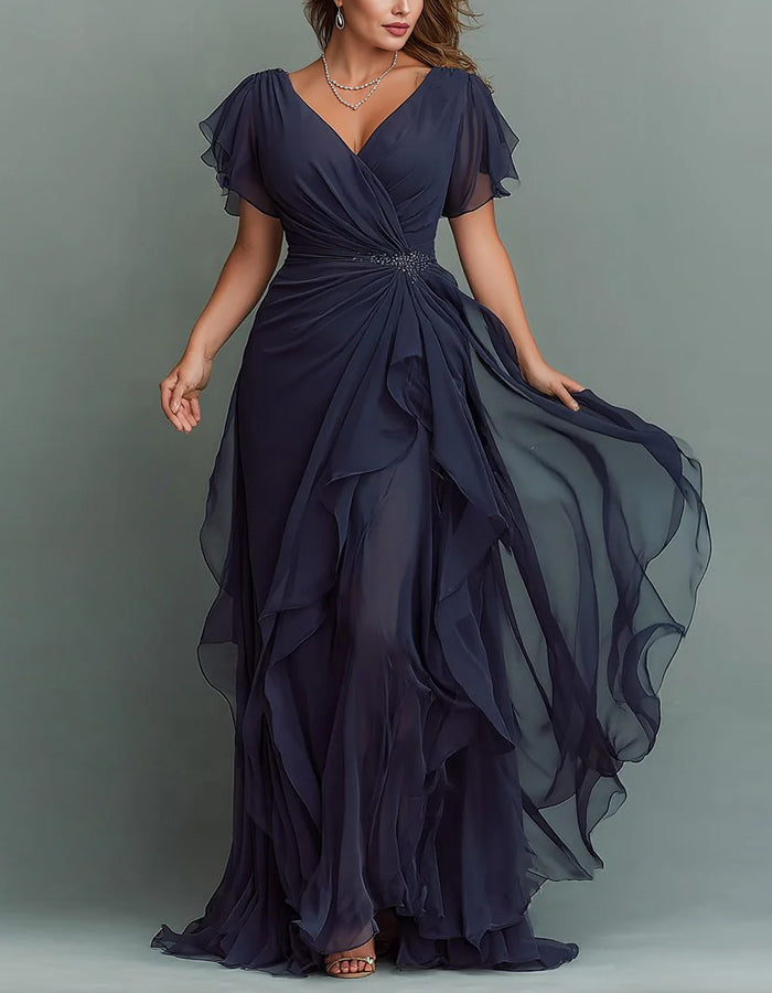 Solid Color V-neck Ruffled Chiffon Maxi Dress