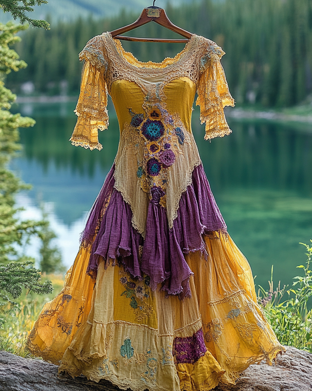 Summer Vintage Irregular Lace Patchwork Ruffle Dress 6a9a