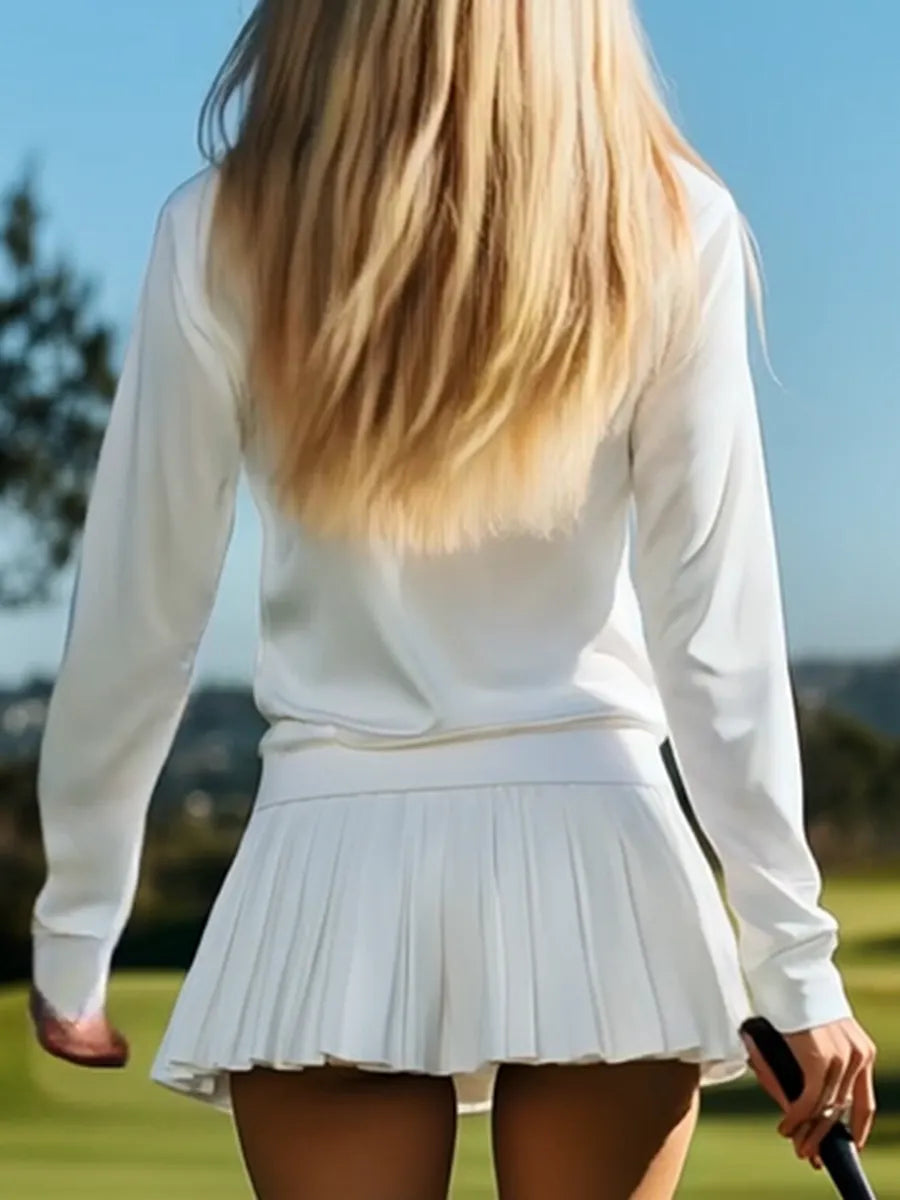 [24-hour shipping out]Fashionable And Casual Half-zip White Long-sleeved Pleated Hooded Mini Dress