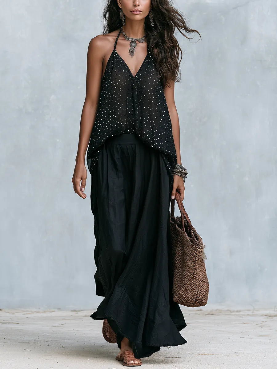 Effortless Black Polka Dot Maxi Skirt Set