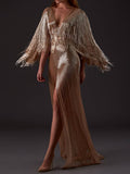 Banquet Long Sleeves Loose Sequined Tasseled V-Neck Maxi Dresses