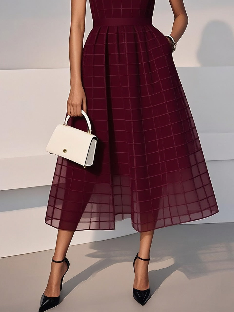 Black Organza Mesh Plaid Classic Crew Neck Sleeveless A-Line Midi Dress