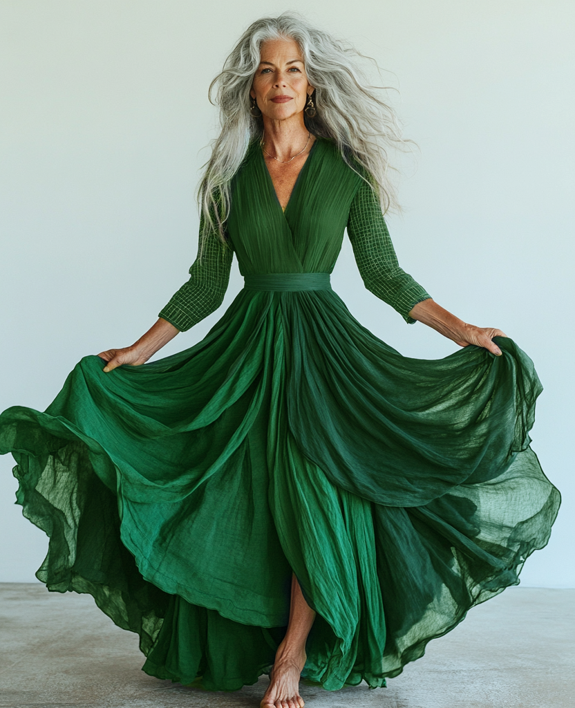 Vintage loose color contrast green color swing dress  e7be