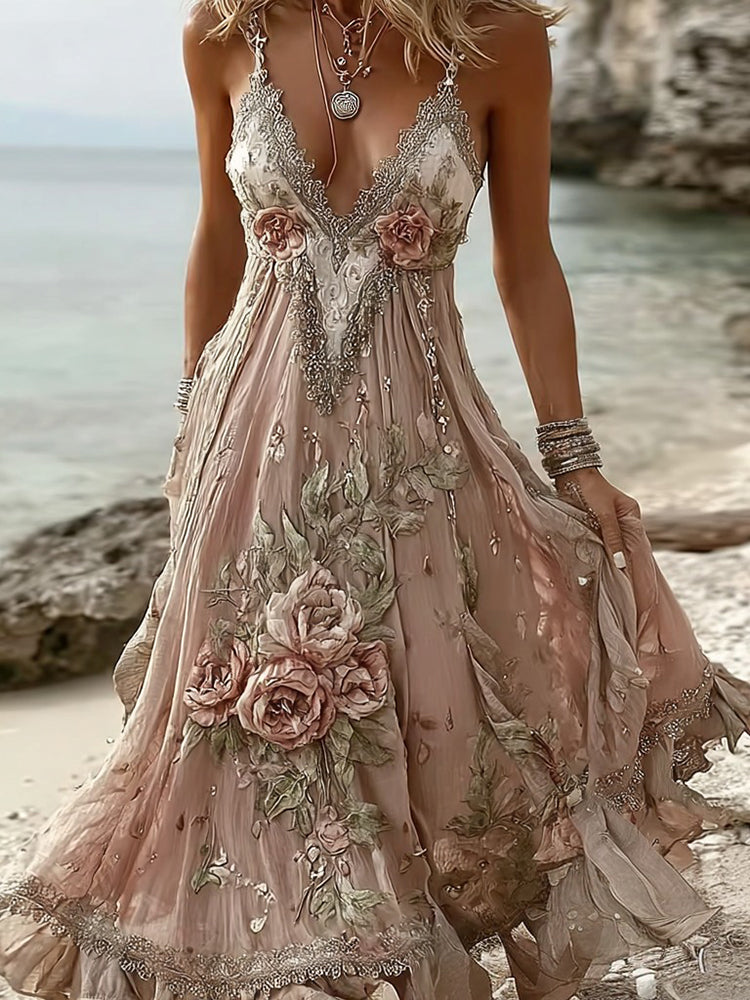 Women's Rose Floral Embroidered Casual Dress