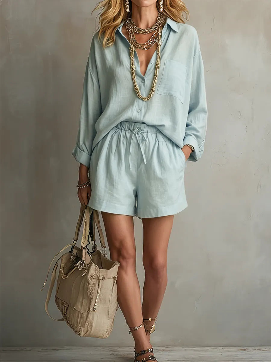 Sage Linen Relaxed Shirt Drawstring Shorts Set