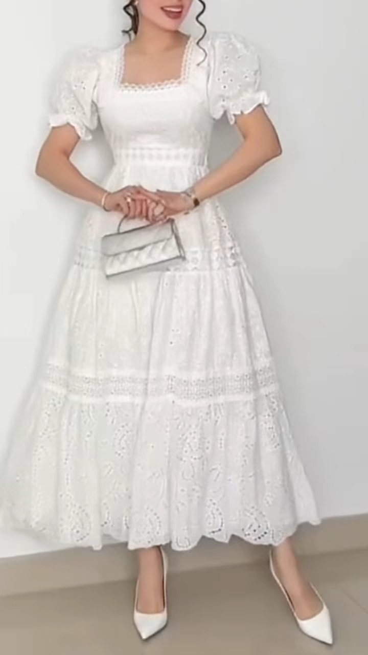 White Eyelet Embroidery Midi Dress