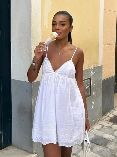 Amaris White Embroidered Cotton Mini Sundress – Strappy Summer Holiday Day Dress for Women